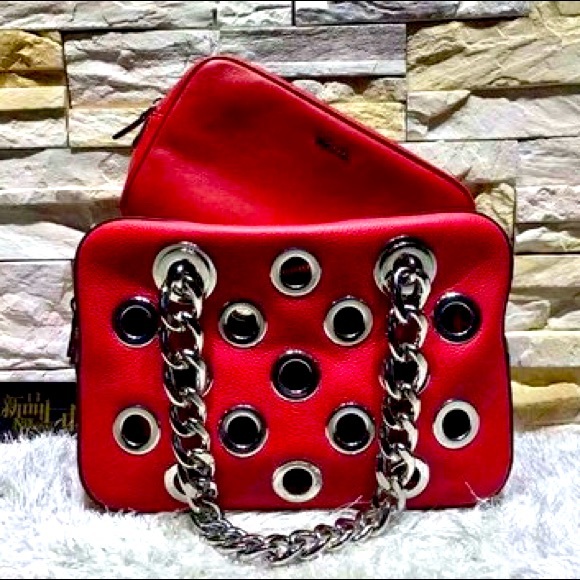 Prada Grommet Chain Shoulder Bag in Red Calfskin Leather  NEW Calf Leather & Grommet Chain Shoulder Bag